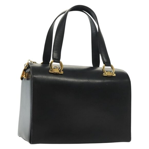 Salvatore Ferragamo Gancini Hand Bag Leather Black Gold Auth - Picture 1 of 16